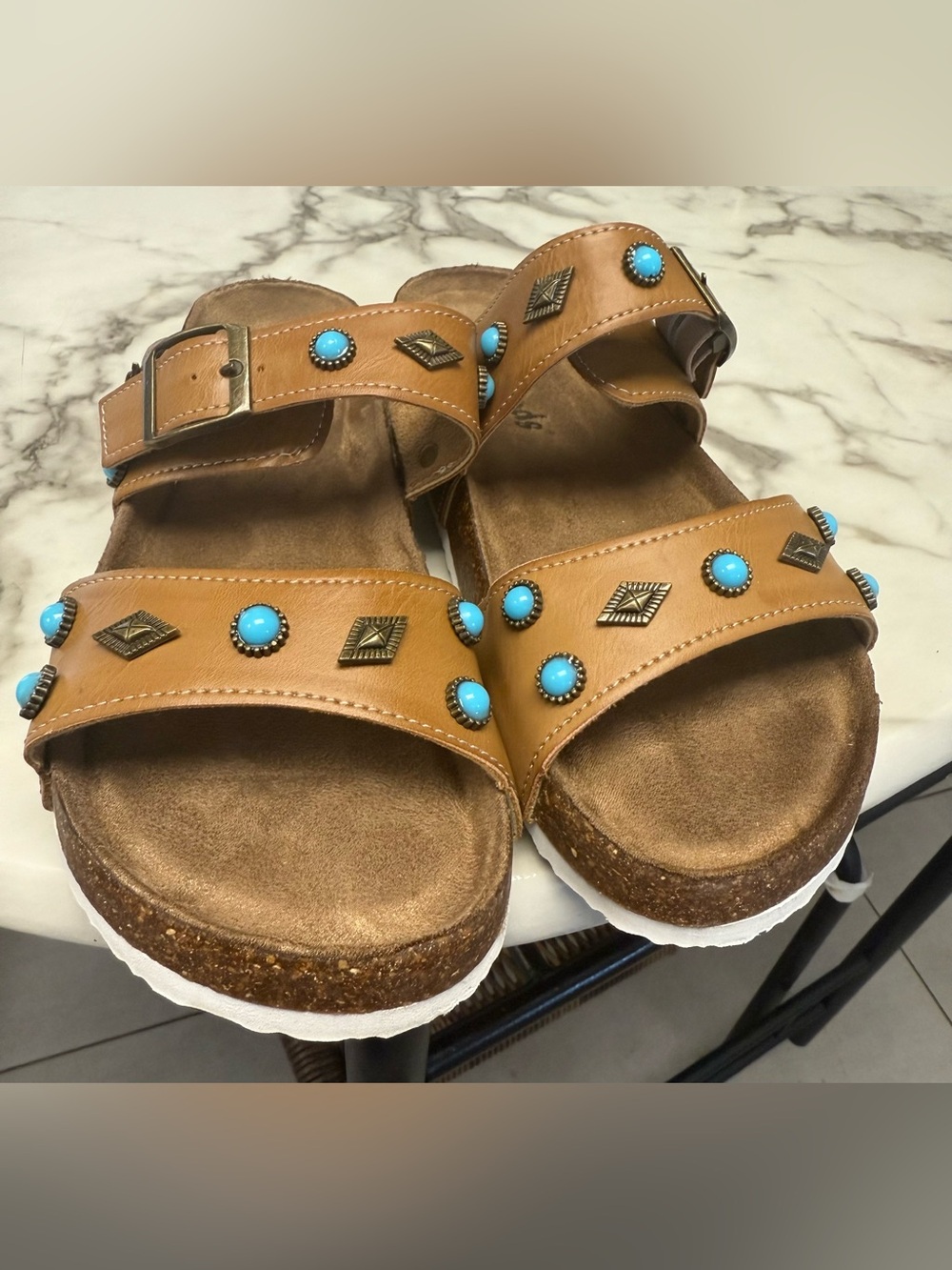Outwoods Tan Slide Sandals with Turquoise Studs